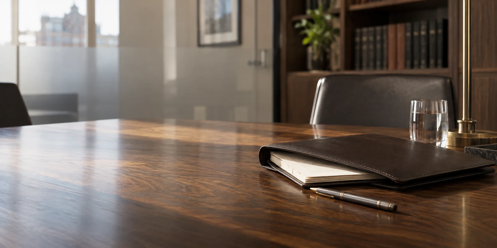 Dossier fermé sur une table de réunion dans un bureau aux tons chaleureux.