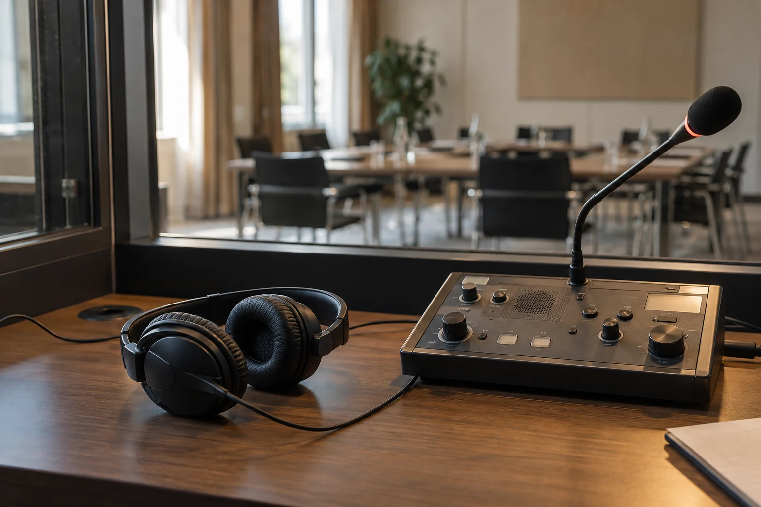 Auscultadores, consola e microfone numa cabina de interpretação com vista para uma sala de reuniões.